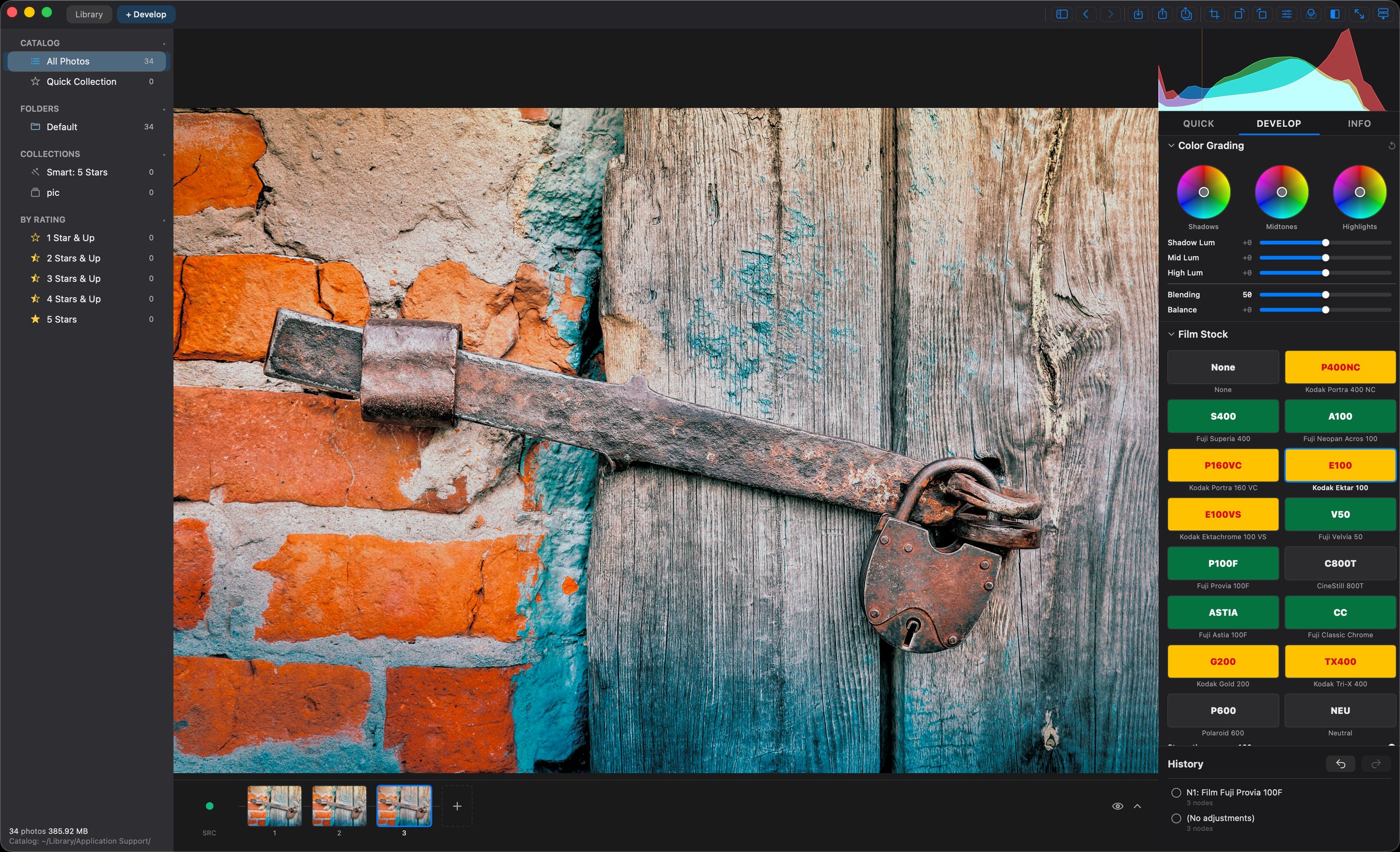 Color grading — lift / gamma / gain wheels and 15 film stocks