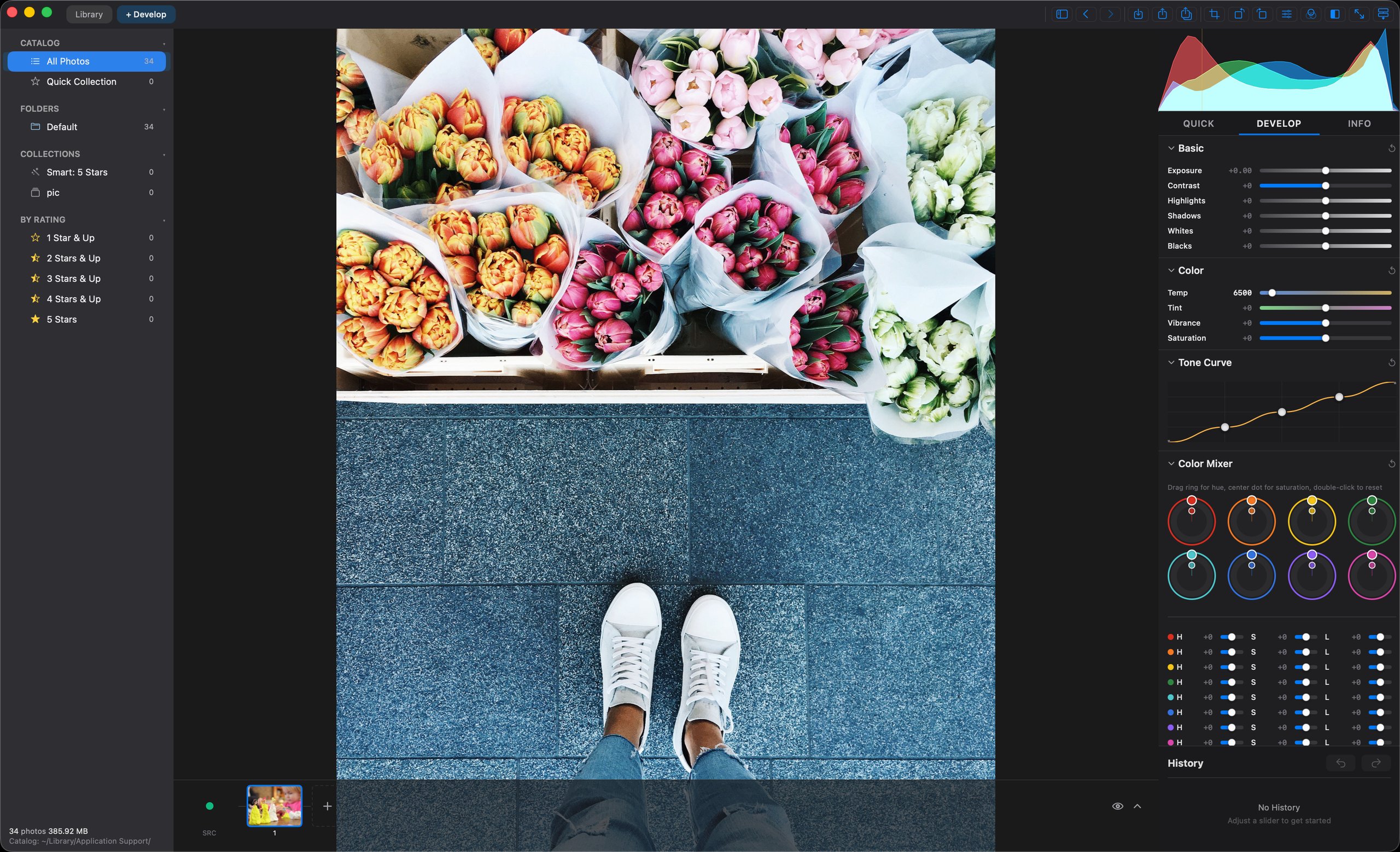 Develop — exposure, tone curve, and color mixer